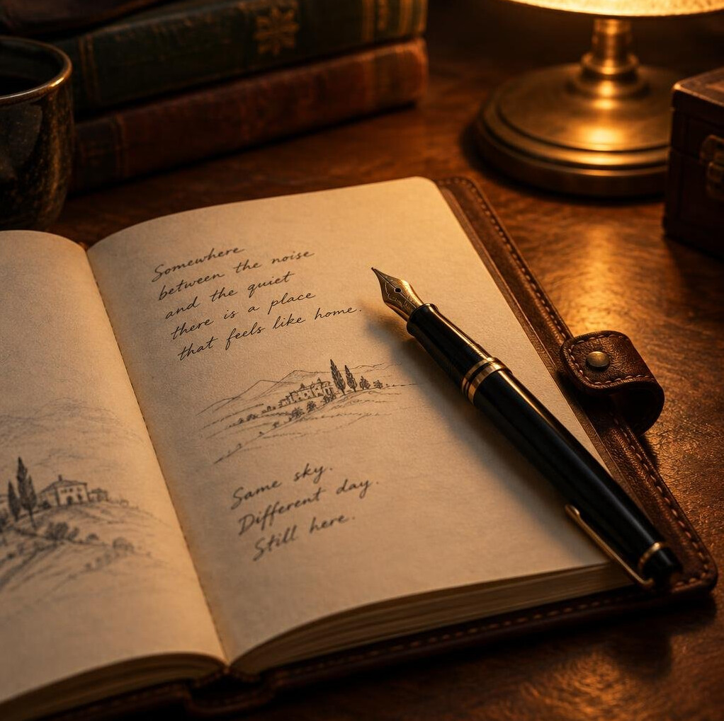 Open notebook with a fountain pen on a wooden table