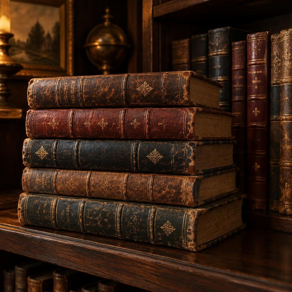 Stack of old leather-bound books on a wooden shelf