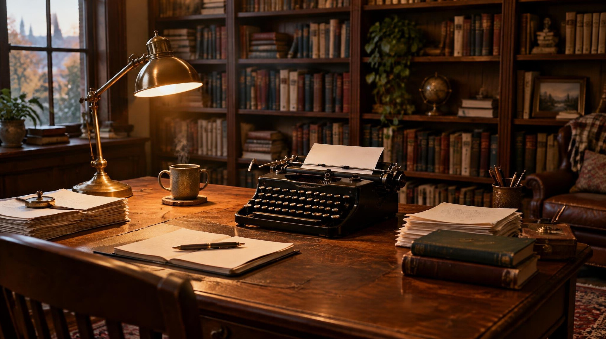 Cozy writer's study with a wooden desk, lamp, and tall bookshelves