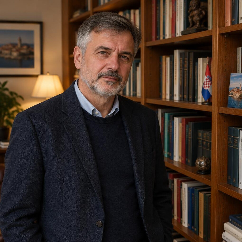 Croatian mystery writer standing by a tall bookshelf in his study