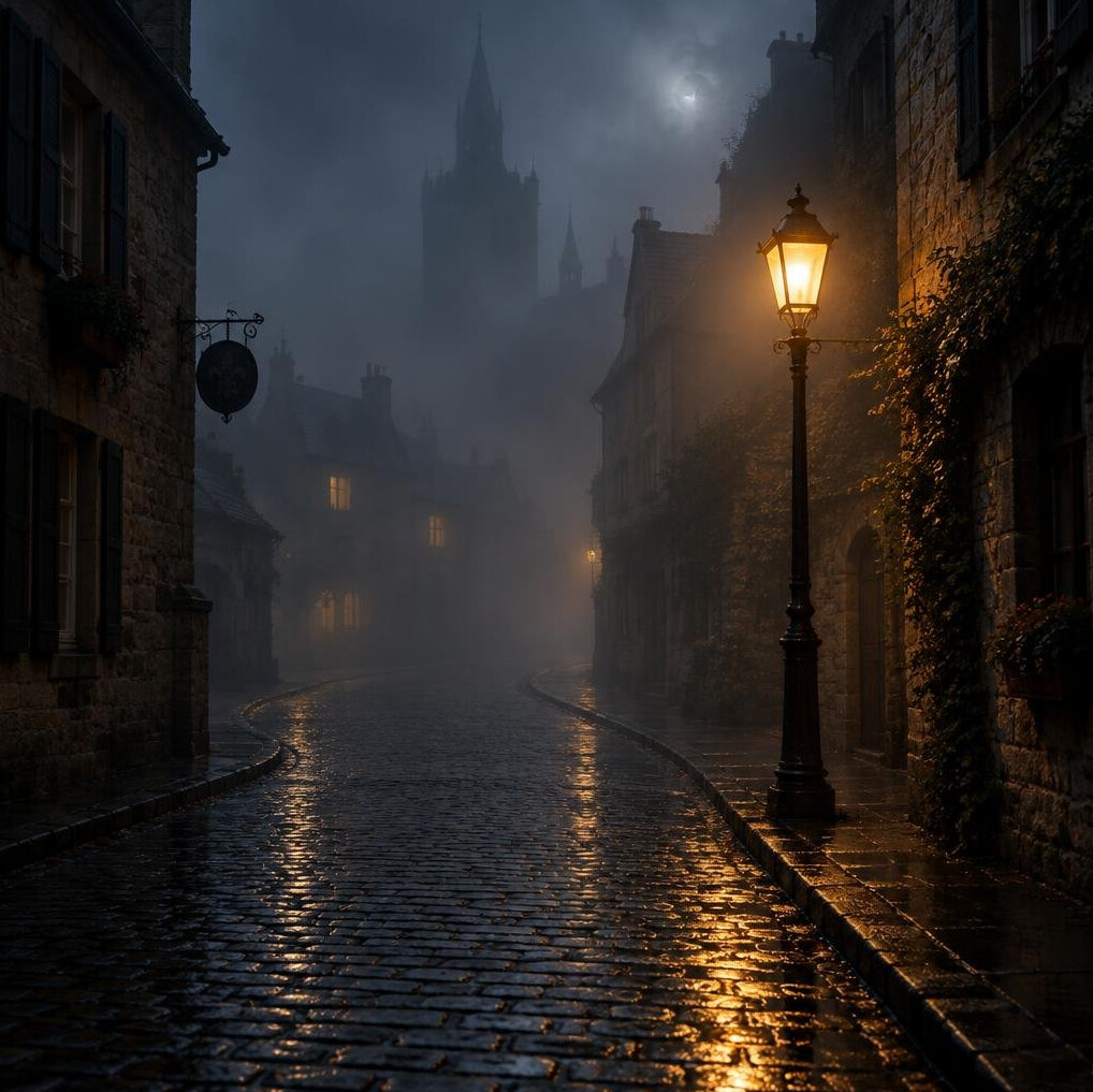 Foggy empty cobblestone street at night with a single lamp post
