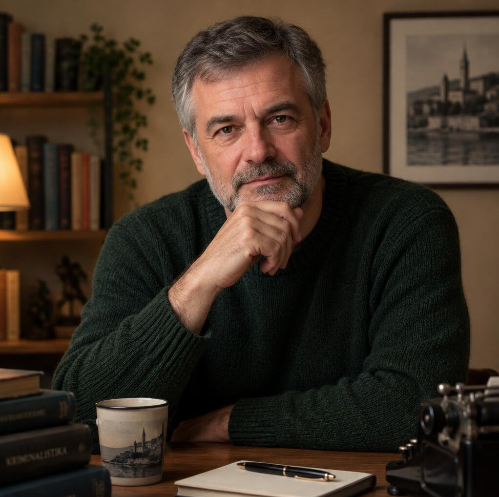 Croatian male mystery writer in his fifties sitting at a wooden desk