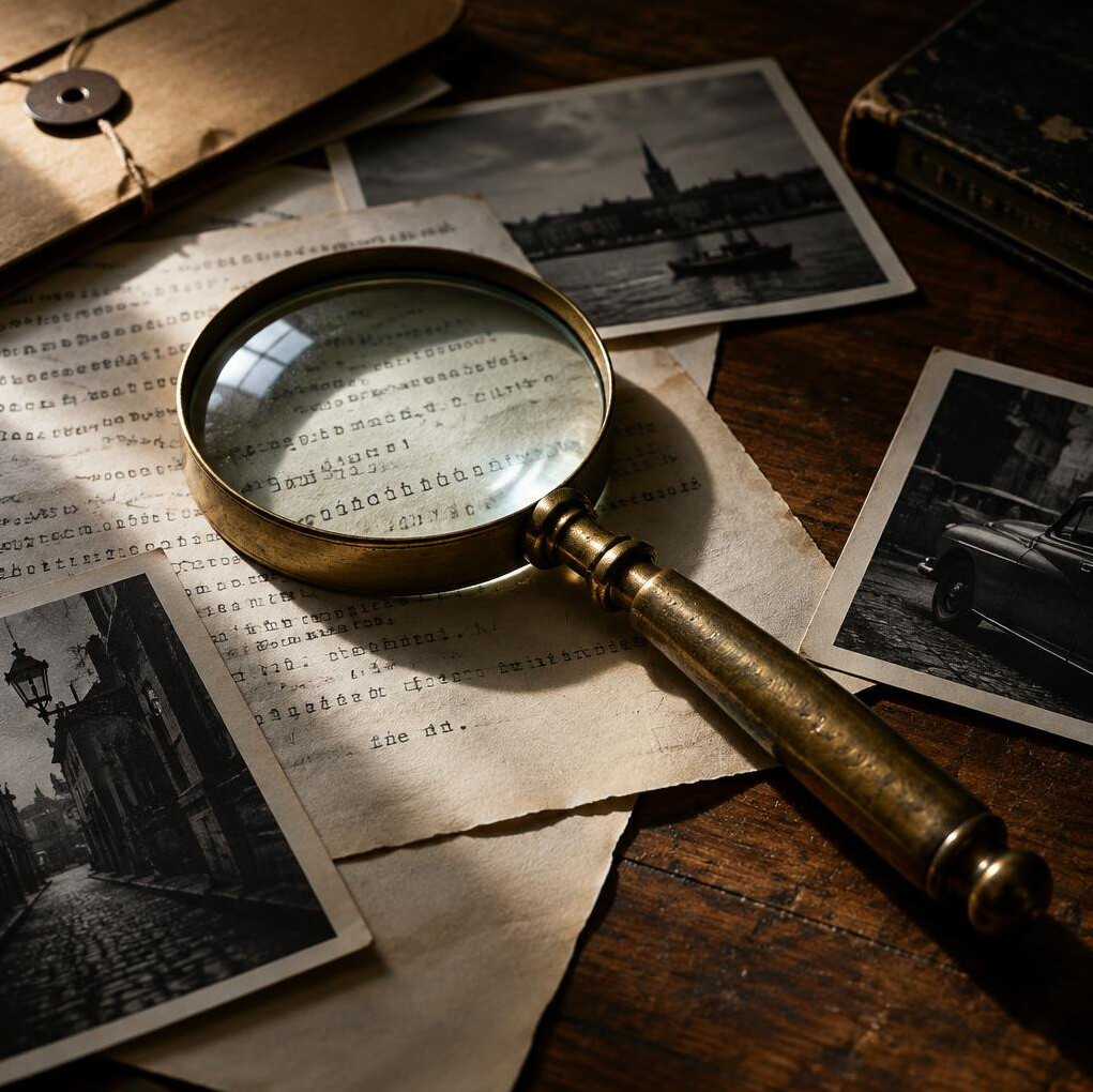 Magnifying glass resting on a pile of scattered documents