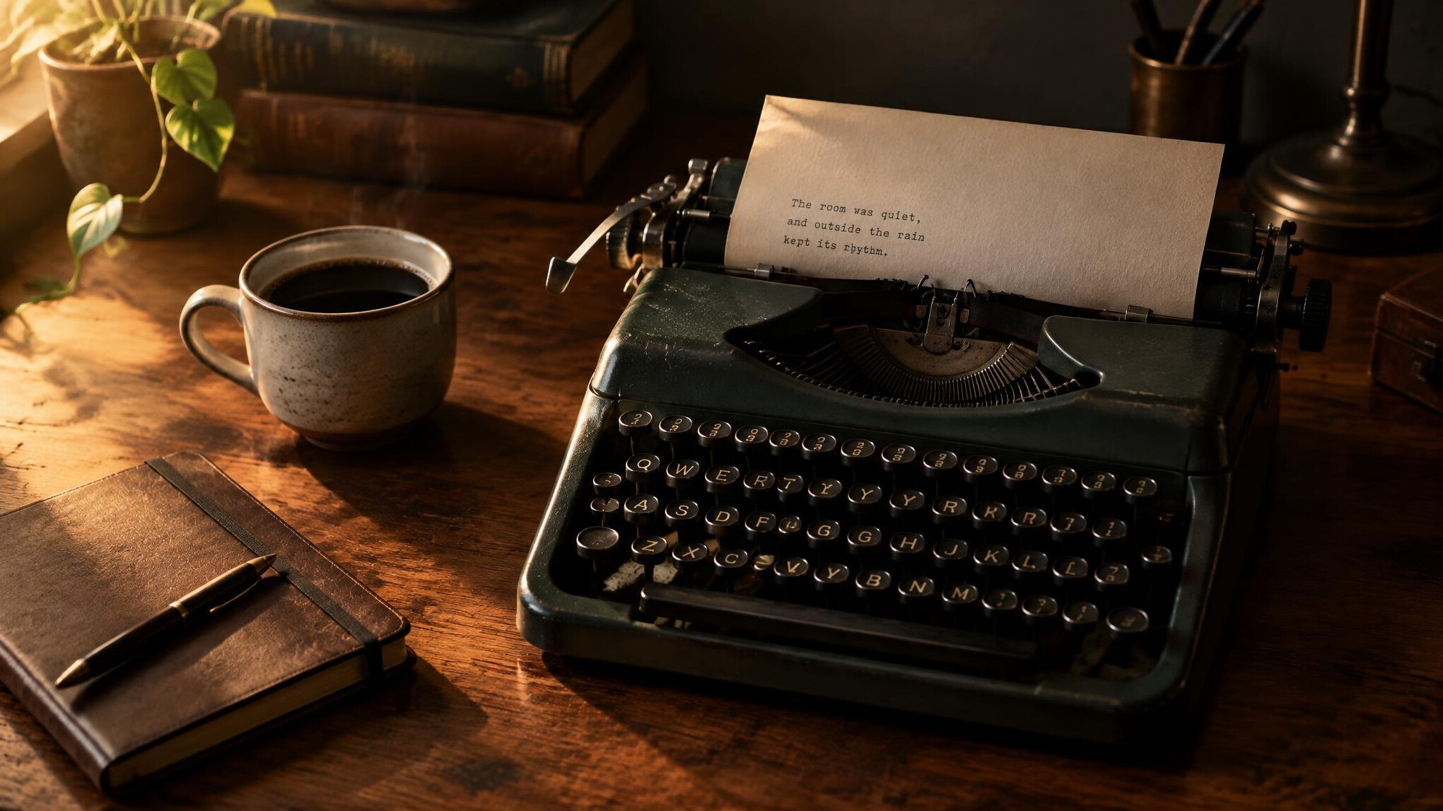 Vintage typewriter with a sheet of paper and a cup of coffee
